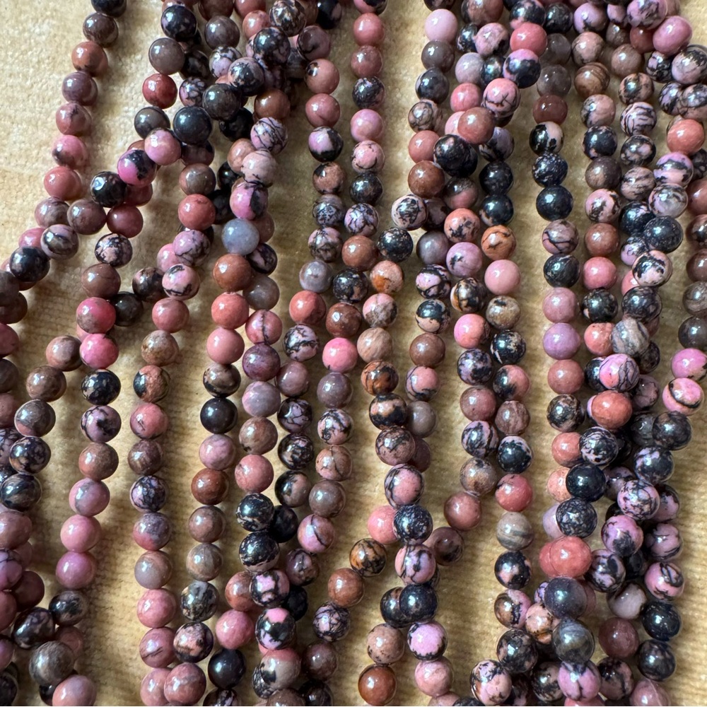 5 15” STRANDS OF PINK RHODONITE GEMSTONE 6MM ROUND BEADS